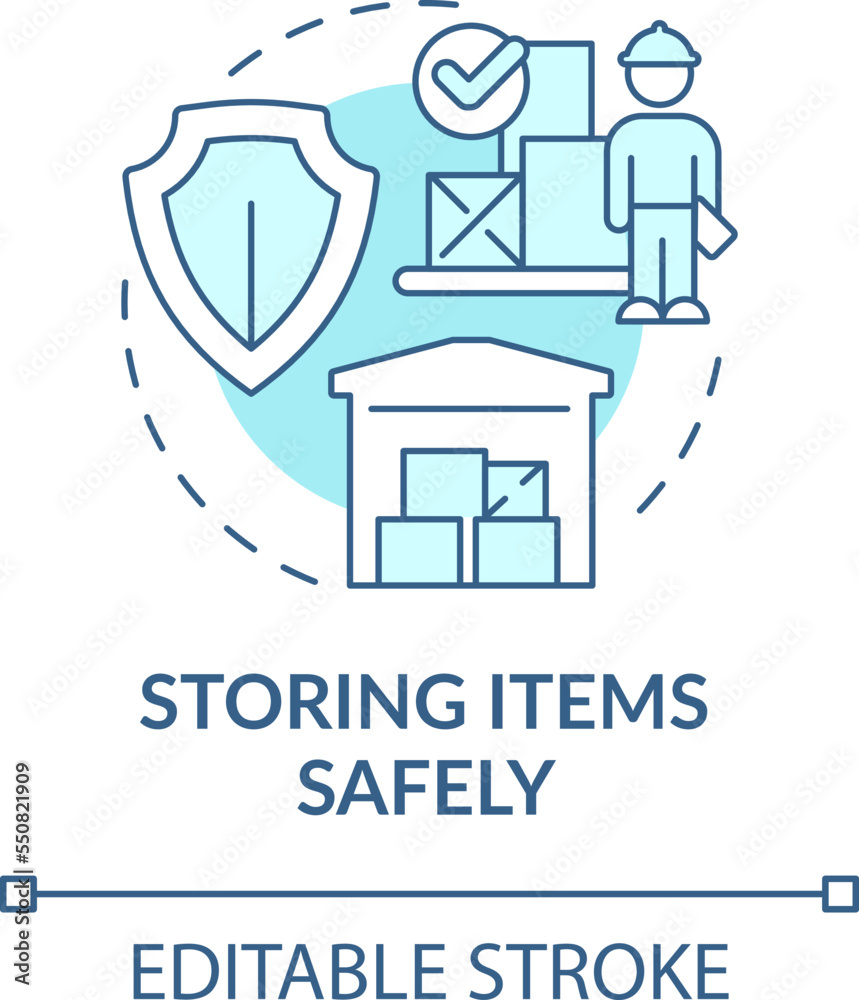 Storing items safely turquoise concept icon. Measure to avoid workplace injuries abstract idea thin line illustration. Isolated outline drawing. Editable stroke. Arial, Myriad Pro-Bold fonts used Storing items safely turquoise concept icon. Measure to avoid workplace injuries abstract idea thin line illustration. Isolated outline drawing. Editable stroke. Arial, Myriad Pro-Bold fonts used