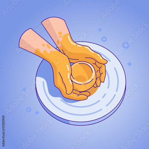 Work by hand on potters wheel with light clay. Formation of pottery. Vector illustration. Design for teaching ceramic school and studio. Handicraft business and hobbies of making clay pots