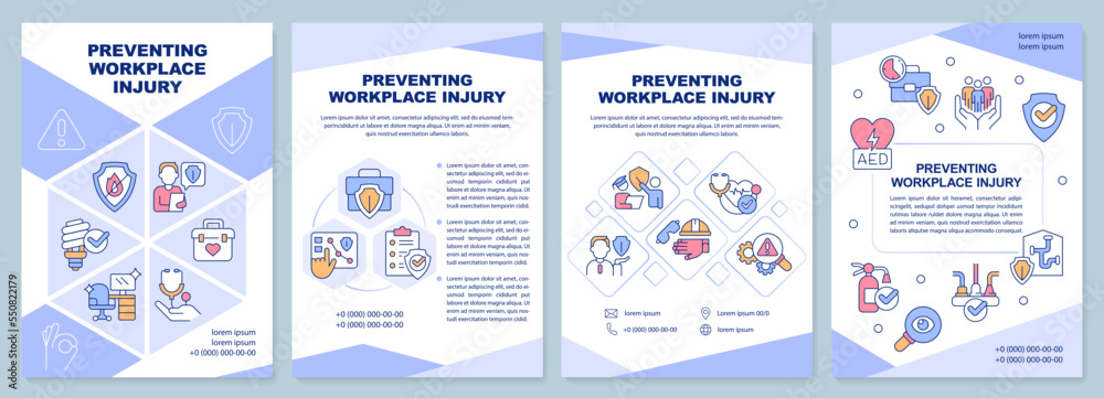 Preventing workplace injury brochure template. Work safety. Leaflet design with linear icons. Editable 4 vector layouts for presentation, annual reports. Arial-Black, Myriad Pro-Regular fonts used