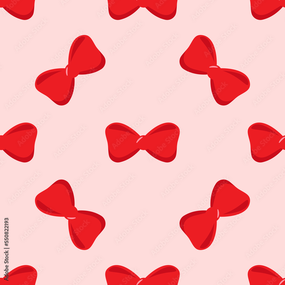 Seamless vector pattern of cartoon bow on light red background for printing, wrapping, web sites. Christmas and holiday concept