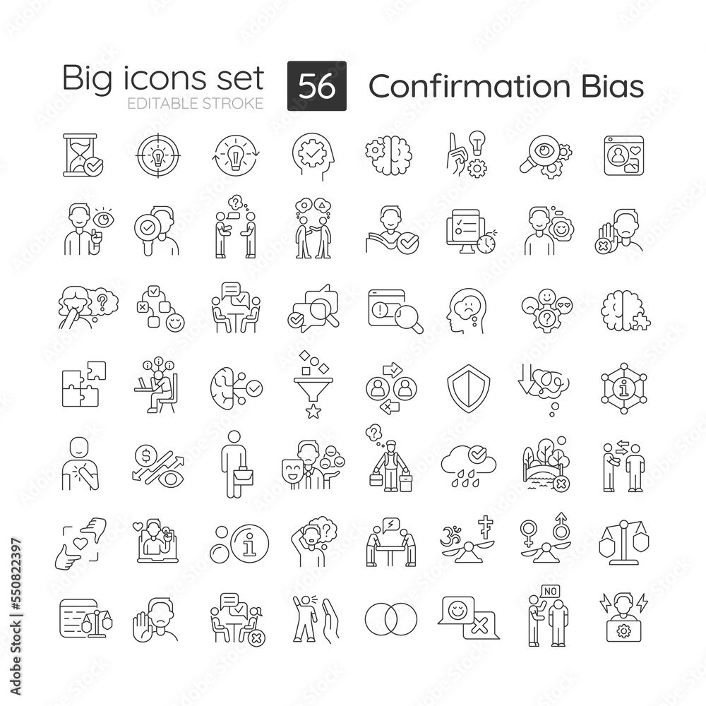 Confirmation bias linear big icons set. Barrier to critical thinking. Customizable thin line symbols. Isolated vector outline illustrations. Editable stroke. Montserrat Bold, Light fonts used