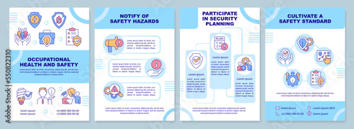 Occupational health and safety blue brochure template. Leaflet design with linear icons. Editable 4 vector layouts for presentation, annual reports. Arial-Black, Myriad Pro-Regular fonts used