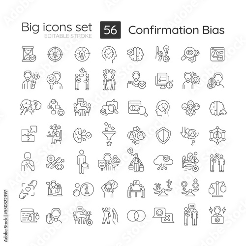 Confirmation bias linear big icons set. Barrier to critical thinking. Customizable thin line symbols. Isolated vector outline illustrations. Editable stroke. Montserrat Bold, Light fonts used photo