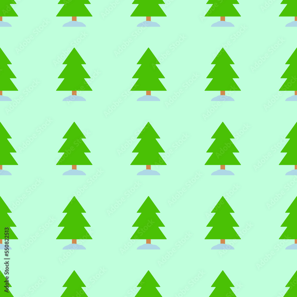 Colorful vector seamless pattern of flat green trees on light green background for printing, wrapping, web sites