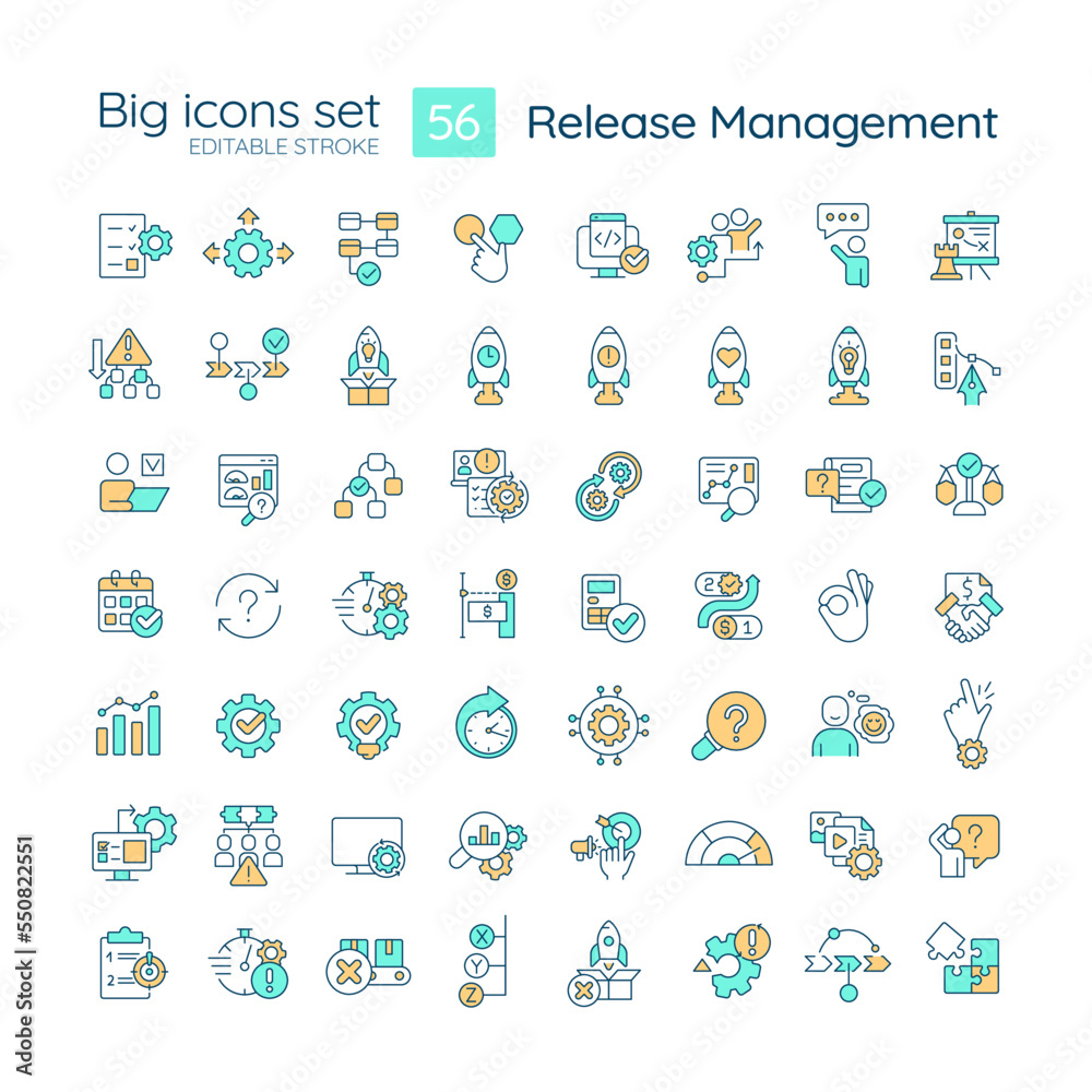 Release management RGB color big icons set. Software product development. Isolated vector illustrations. Simple filled line drawings collection. Editable stroke. Montserrat Bold, Light fonts used Release management RGB color big icons set. Software product development. Isolated vector illustrations. Simple filled line drawings collection. Editable stroke. Montserrat Bold, Light fonts used