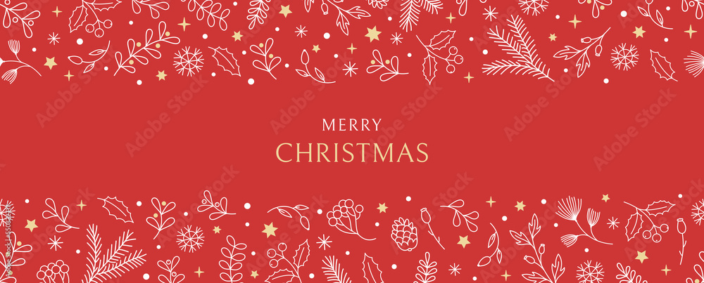 Festive hand drawn horizontal seamless border with winter branches; holly; mistletoe; snowflakes; berries. Christmas design; great for decorations; prints; postcards.