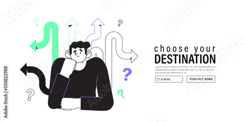 Business decision making, career path, work direction or choose the right way to success concept, confusing man or student looking at crossroad sign with question mark and think which way to go.