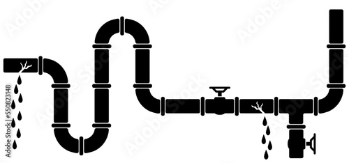 Leakage, broken oil or gas pipeline with fittings and valves. Pipeline, black tap, open, close. Cartoon water jet with leaky pipe line, plumbing system. Faucet vector. Old water tap, leak or leakage.