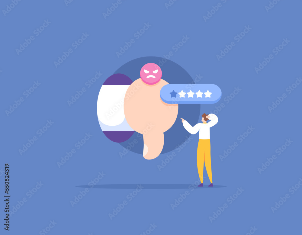 bad ratings, bad reviews, customer dissatisfaction, angry and dissatisfied customers. a businessman is confused because he gets a one-star rating and thumbs down from the client. illustration concept bad ratings, bad reviews, customer dissatisfaction, angry and dissatisfied customers. a businessman is confused because he gets a one-star rating and thumbs down from the client. illustration concept