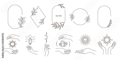 Vector design templates in simple modern boho style with silhouette hand, frame space for text, leaves and brunches