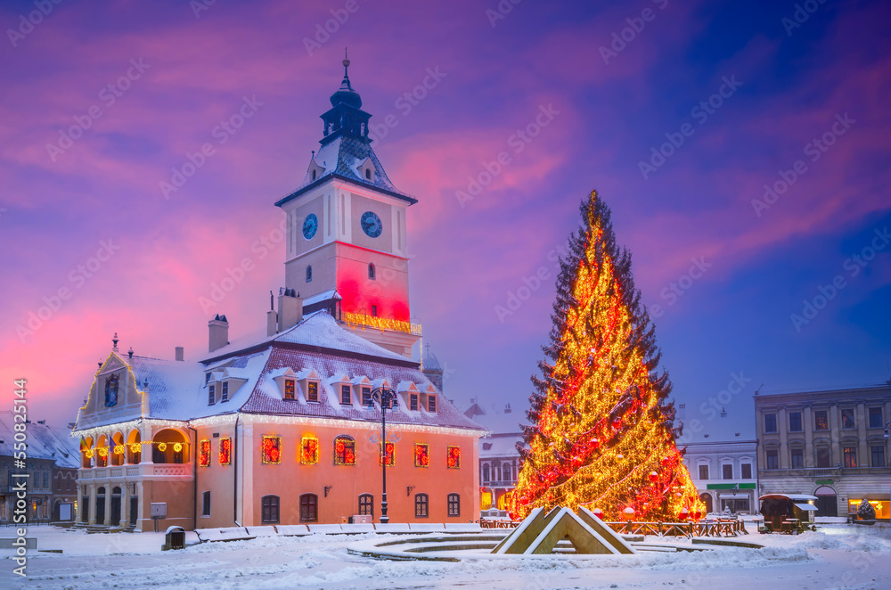 Brasov, Romania - Winter scenic Christmas Tree in downtown, touristic Transylvania.