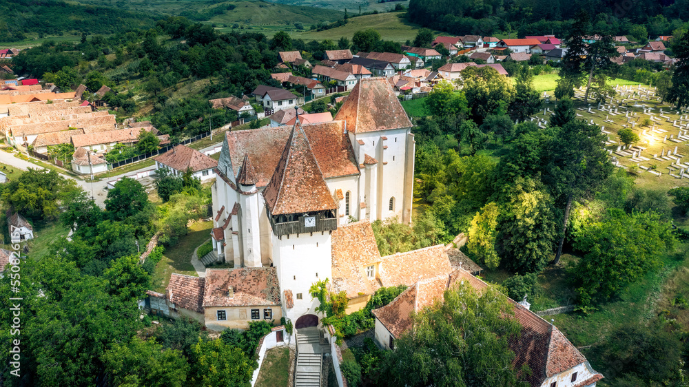 Bazna fortified church is Saxon landmark in Transylvania, Romania.
