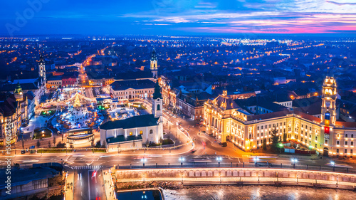 Oradea, Romania. Aerial view of Christmas Market in Crisana - Transylvania, Eastern Europe