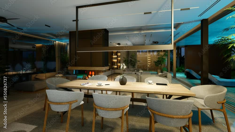4K video rendering of modern cozy interior with living,dining zone stair and kitchen for sale or rent with wood plank by the sea or ocean. Spacious apartments with expensive furniture in night 4K video rendering of modern cozy interior with living,dining zone stair and kitchen for sale or rent with wood plank by the sea or ocean. Spacious apartments with expensive furniture in night