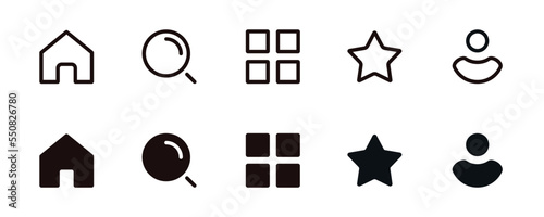 Home, Search, Category, Favorite, and profile set icon collection simple vector design for app and website ui design template
