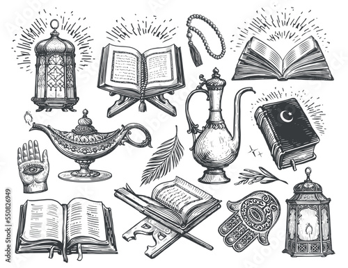 Islam concept sketch. Worship, religious objects and symbols in vintage engraving style. Collection vector illustration