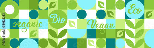 Bio label for ecological social projects, seamless pattern for green flowers eco packaging. Banner in natural style, mosaic of geometric white shapes.