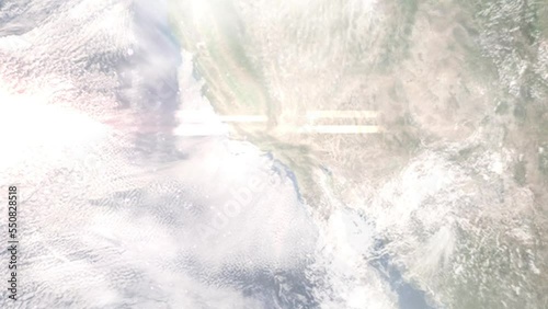 Earth zoom in from outer space to city. Zooming on Inglewood, California, USA. The animation continues by zoom out through clouds and atmosphere into space. Images from NASA photo