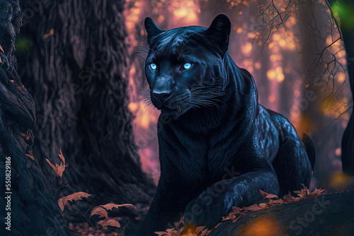 Black panther in the night jungle. Digital art