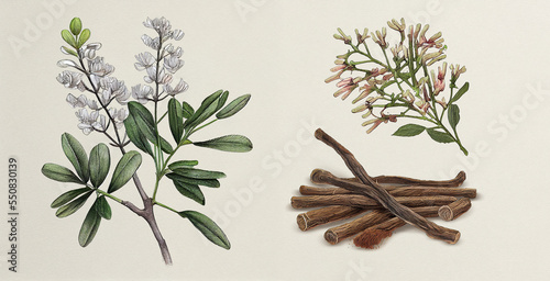 Liquorice, Mulethi (Glycyrrhiza Glabra). Botanical illustration on white paper. The best medicinal plants, their effects and contraindications. Natural medicine. Plant properties. photo
