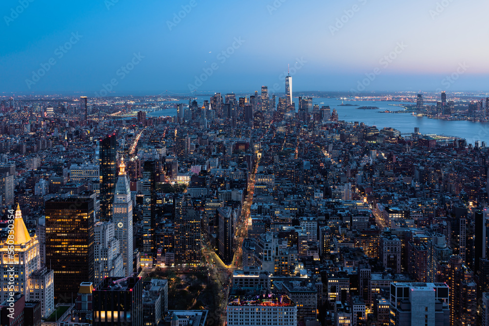 aerial panoramic view of Manhattan at night