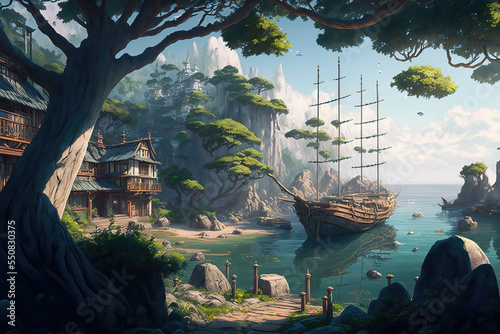 AI generated image of an ancient fishing village at dusk	
