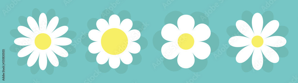 Four white daisy chamomile icon. Camomile set line with shadow. Cute round flower plant collection. Love card symbol. Yellow circle. Growing concept. Flat design. Green background. Isolated. Four white daisy chamomile icon. Camomile set line with shadow. Cute round flower plant collection. Love card symbol. Yellow circle. Growing concept. Flat design. Green background. Isolated.