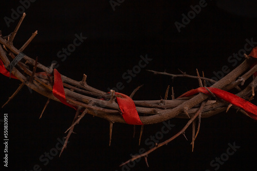 Crown of Thorns Red ribbon on black background photo