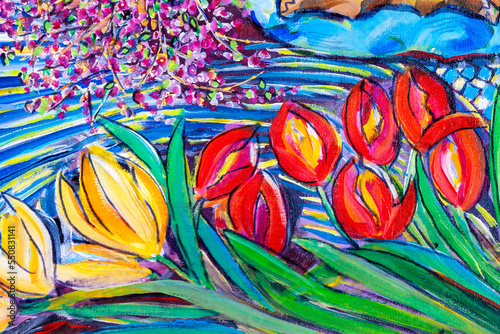 Vibrant multi-colored original acrylic painting on canvas close up detail showing brushwork and canvas textures. Red and yellow flowers.