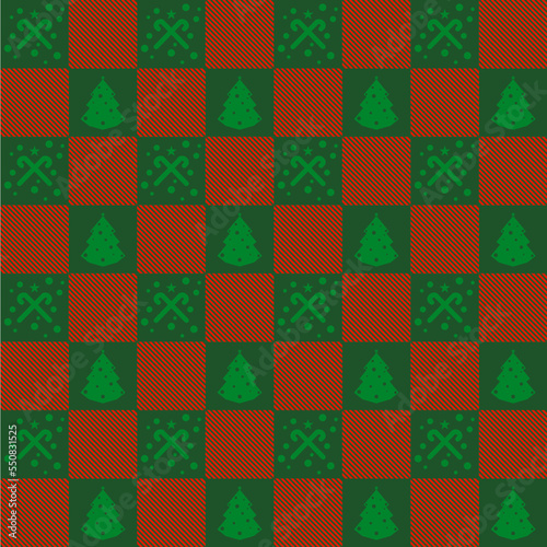 Christmas seamless pattern with Christmas tree and staff on green and red Background.