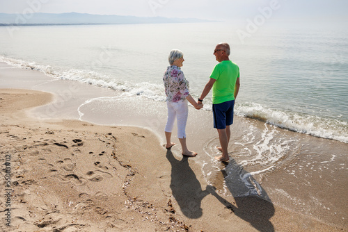 coppia di anziani coniugi si tengono affettuosamente per mano vicino alla riva in una spiaggia 