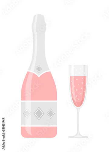 Bottle and glass of rose champagne or sparkling wine isolated on white background. Vector illustration in flat style