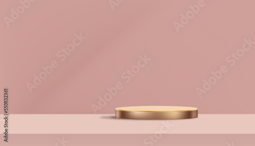 Wall studio with 3D Display Pink Gold Cylinder Podium on Beige Background,Vector luxury studio scene with circle stand for Valentine,Chinese new year,Christmas,Mothers Day product presentation