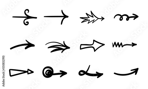Arrows set. Hand drawn direction indicator elements. Simple doodle pointers for interface design, cursors right.Isolated.Vector illustration