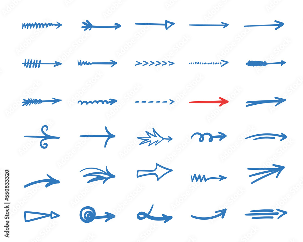 Arrows set. Hand drawn direction indicator elements. Simple doodle ...