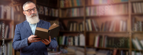 Картината върху платно Senior litterateur, man of letters, bookman with a gray beard in a light shirt i