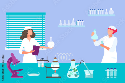 Research associate woman character hold scientific laboratory flask, service lab medical pharmaceutical drug flat vector illustration.