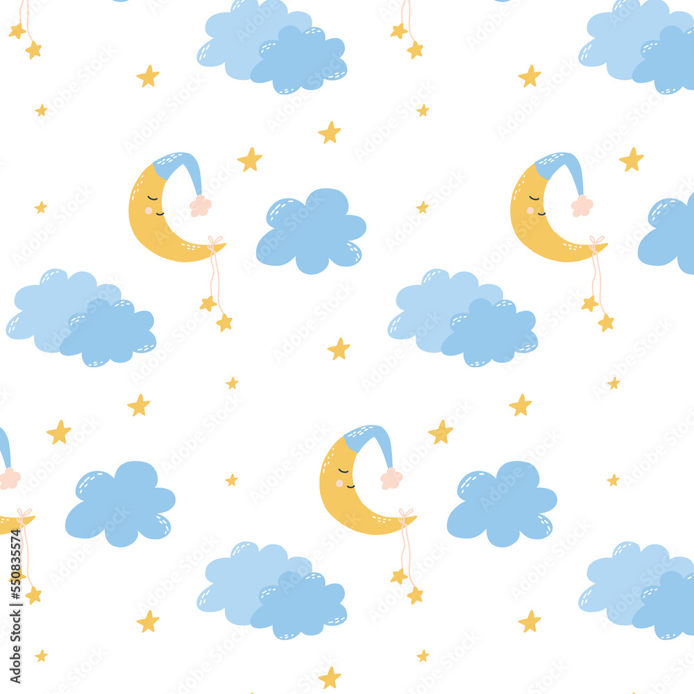 Cute childish seamless pattern with moon, clouds and stars. Pattern for childrens pajamas. Good night. Vector illustration hand drawn cartoon style.