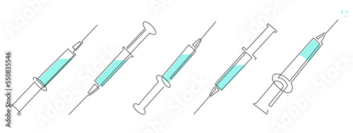 Syringe for injections,one line art,continuous drawing contour.Coronavirus vaccination,health care injection,blood sampling for laboratory analysis.Medical concept.Editable stroke.Isolated.Vector
