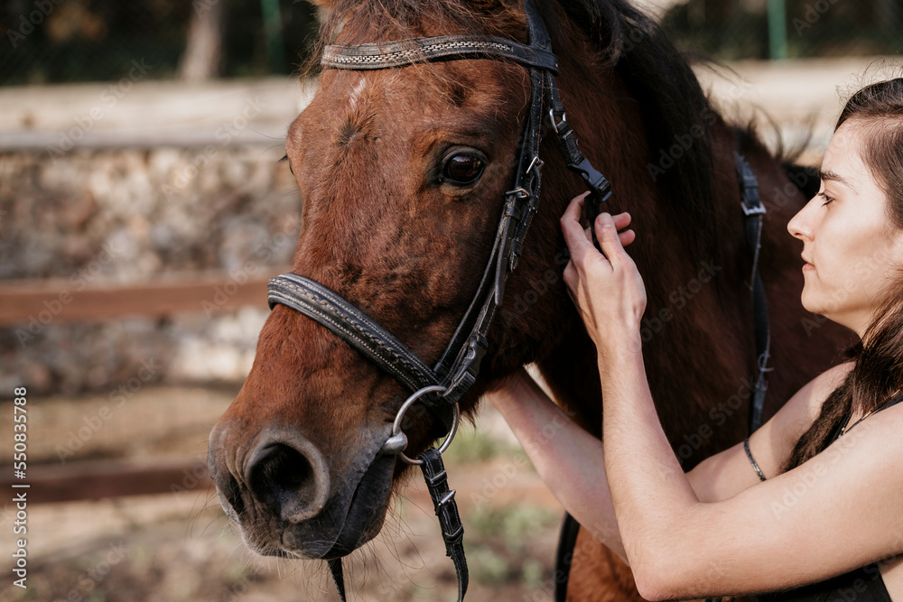 Fototapeta premium Rider girl putting the reins on her horse.