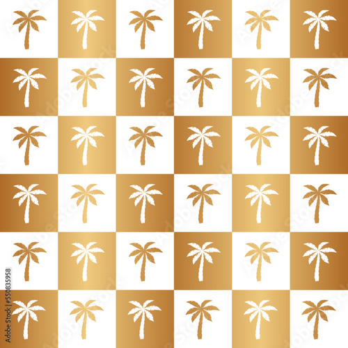 Palm seamless pattern. Gold coconut tree. Repeated palm trees patern. Golden background. Repeating tropical texture for design summer beach prints. Repeat coconuts palmtree. Vector illustration