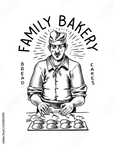 Baker makes dough for bread. Engraved hand drawn in old sketch and vintage style for label, logo and menu, bakery shop.