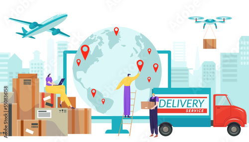 World postman delivery service, tiny character mailman people, woman work laptop sitting carton box flat vector illustration, isolated on white.