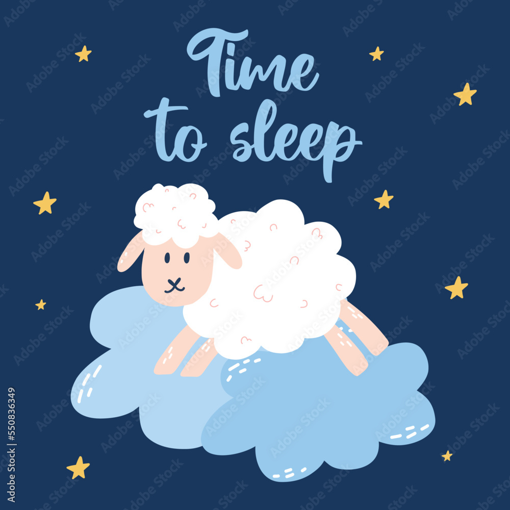 Fototapeta premium Cute sheep on the clouds. Childrens card good night. Night sky. Vector illustration. Hand drawn cartoon style. Scandinavian style.