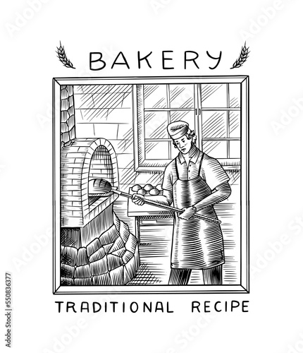 Man baker in uniform cooking bread in the oven. Engraved hand drawn in old sketch and vintage style for label, logo and menu, bakery shop.