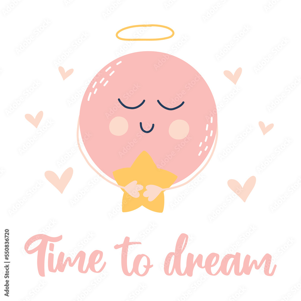 Time to dream. Cute baby card with planet, star and hearts. Childrens print. Vector illustration in scandinavian style. Hand drawn cartoon style. Time to dream. Cute baby card with planet, star and hearts. Childrens print. Vector illustration in scandinavian style. Hand drawn cartoon style.