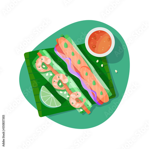 Top view of spring rolls with vegetables, sauce and shrimp