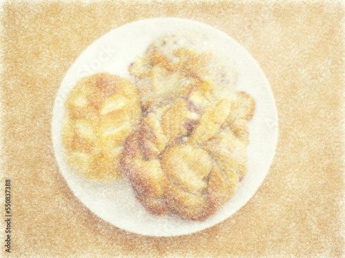 Pastries and bread roll on a white plate. Hand drawn sketch. 