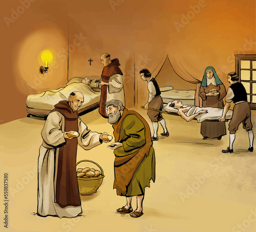 Comic style illustration of monks charity hospice. Old hospital. Charity. Sick and beggars
