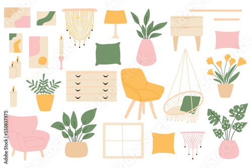 A set of cozy furniture. A collection of indoor plants, armchairs, paintings, bedside tables, pillows. Modern furniture to create cozy interiors.Vector illustration in flat style.